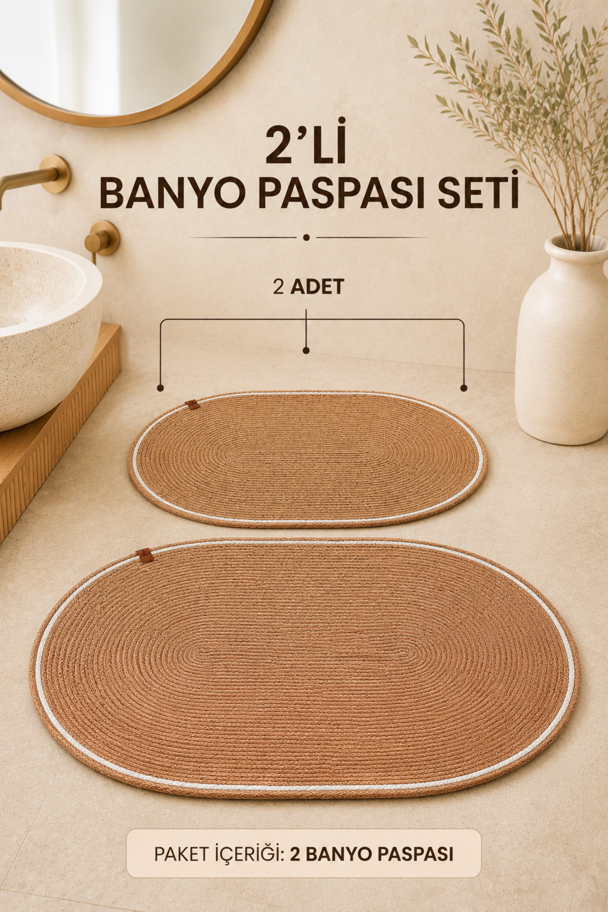 Bohem Jüt Hasır Renk 2’li Banyo Paspas Seti Dayanıklı ve Kullanışlı