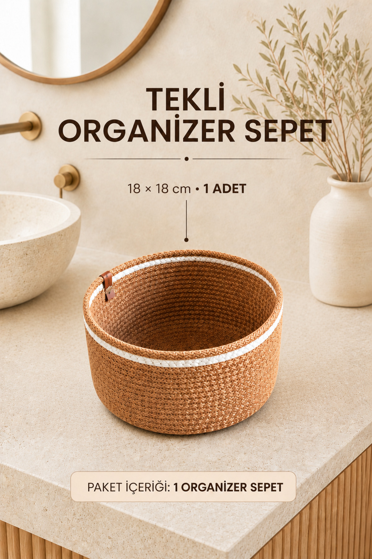 El Yapımı Bohem Hasır Organizer Sepet Banyo Kozmetik Aksesuar Mutfak Küçük Eşya - 1'li