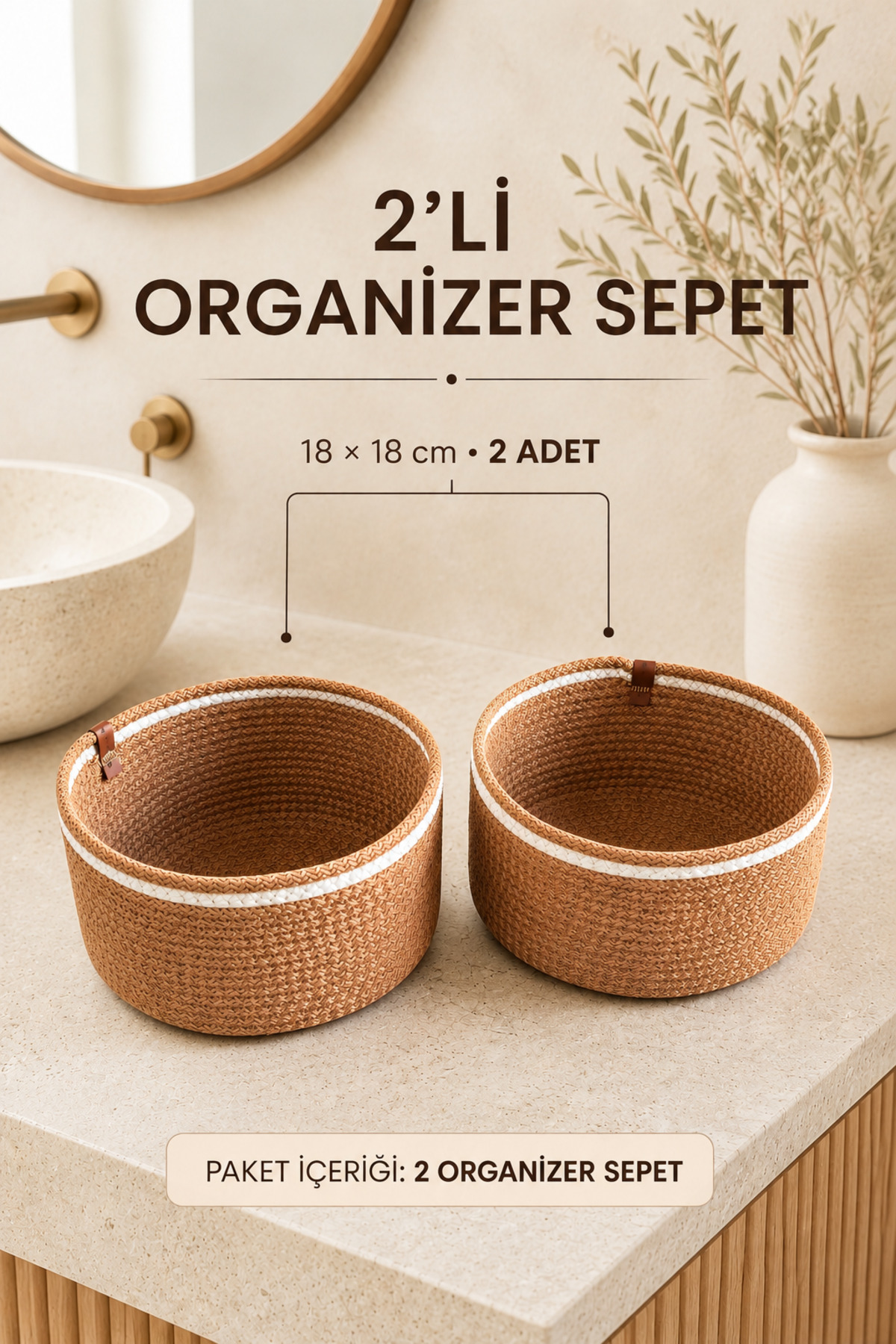 El Yapımı Bohem Hasır Organizer Sepet Banyo Kozmetik Aksesuar Mutfak Küçük Eşya - 2'li