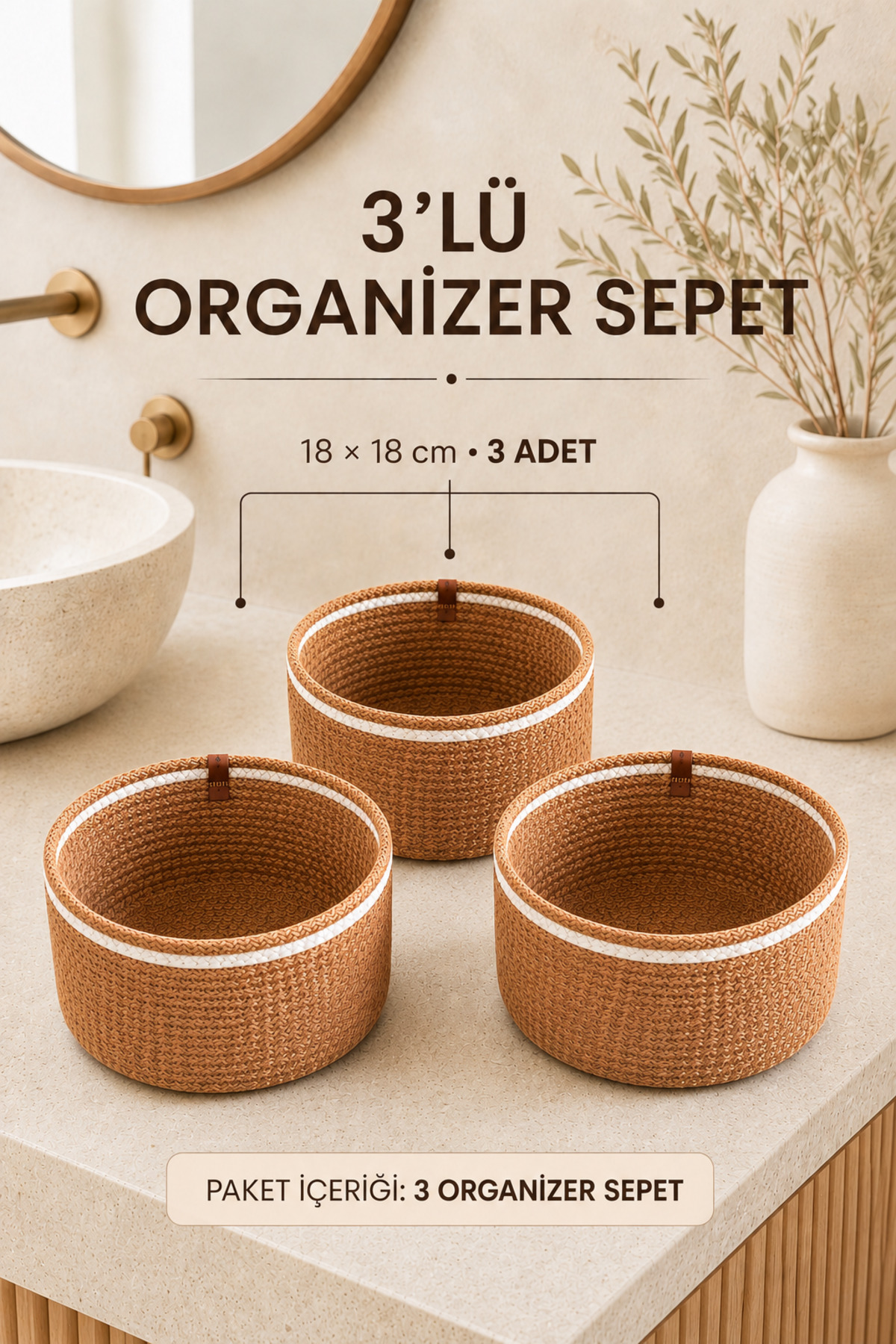 El Yapımı Bohem Hasır Organizer Sepet Banyo Kozmetik Aksesuar Mutfak Küçük Eşya - 3'lü