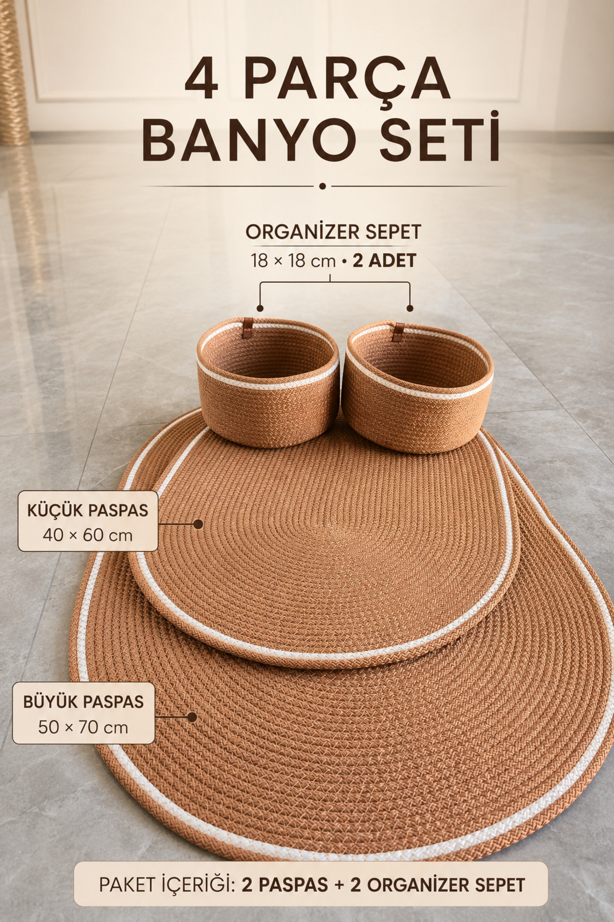 4 Parça Bohem Jüt Hasır Renk Banyo Seti 2 Adet Paspas 2 Adet Organizer Sepet