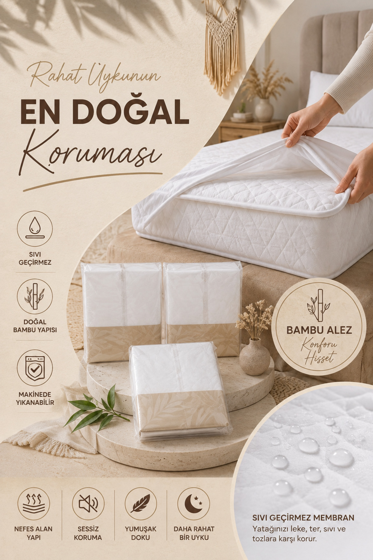 Eco Touch Sıvı Geçirmez Alez Terletmeyen 4 Mevsim Yatak Koruyucu - Beyaz