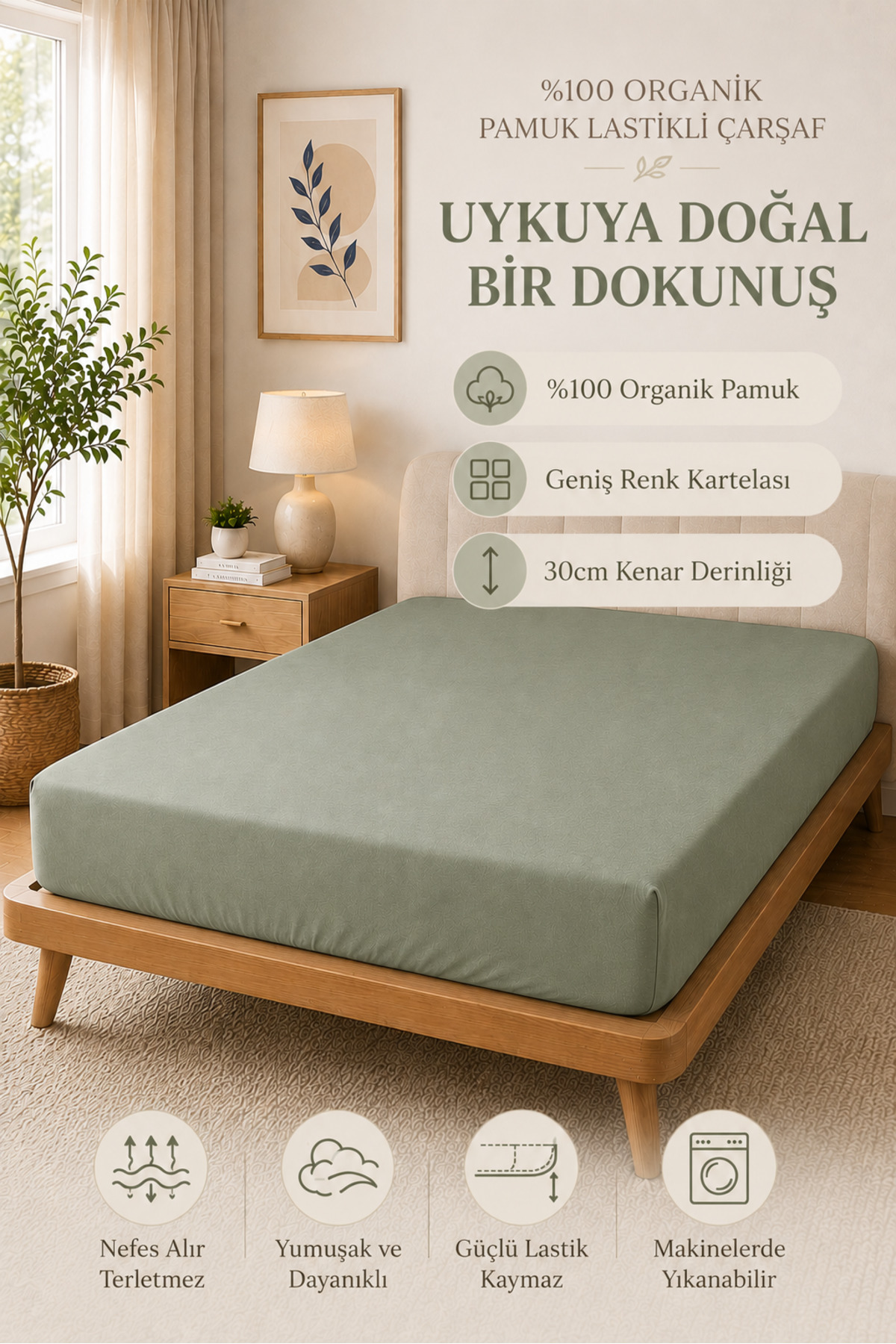 %100 Pamuk Lastikli Yatak Çarşafı Nefes Alan Terletmeyen Yumuşak Dokulu Düz Desenli Yatak Çarşafı - Adaçayı Yeşil