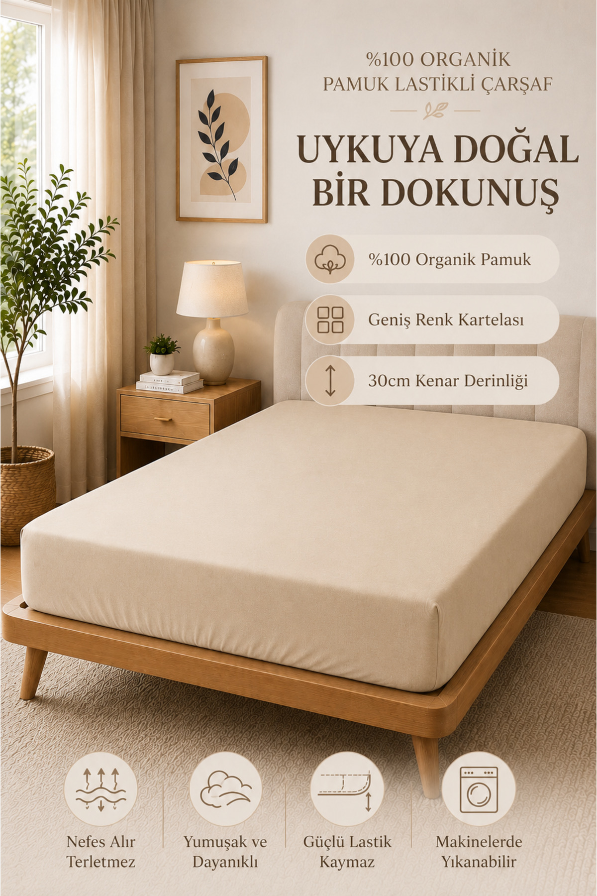 %100 Pamuk Lastikli Yatak Çarşafı Nefes Alan Terletmeyen Yumuşak Dokulu Düz Desenli Yatak Çarşafı - Bej