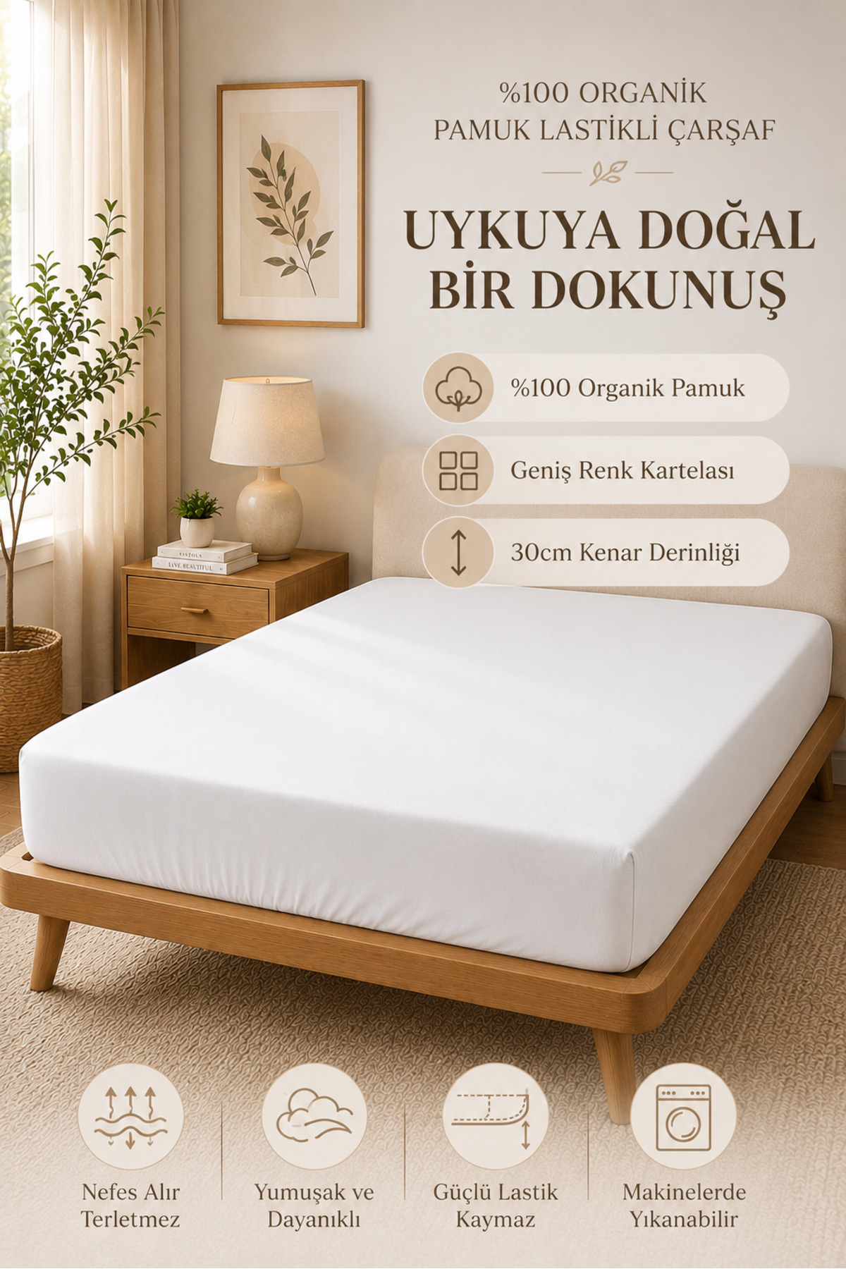%100 Pamuk Lastikli Yatak Çarşafı Nefes Alan Terletmeyen Yumuşak Dokulu Düz Desenli Yatak Çarşafı - Beyaz