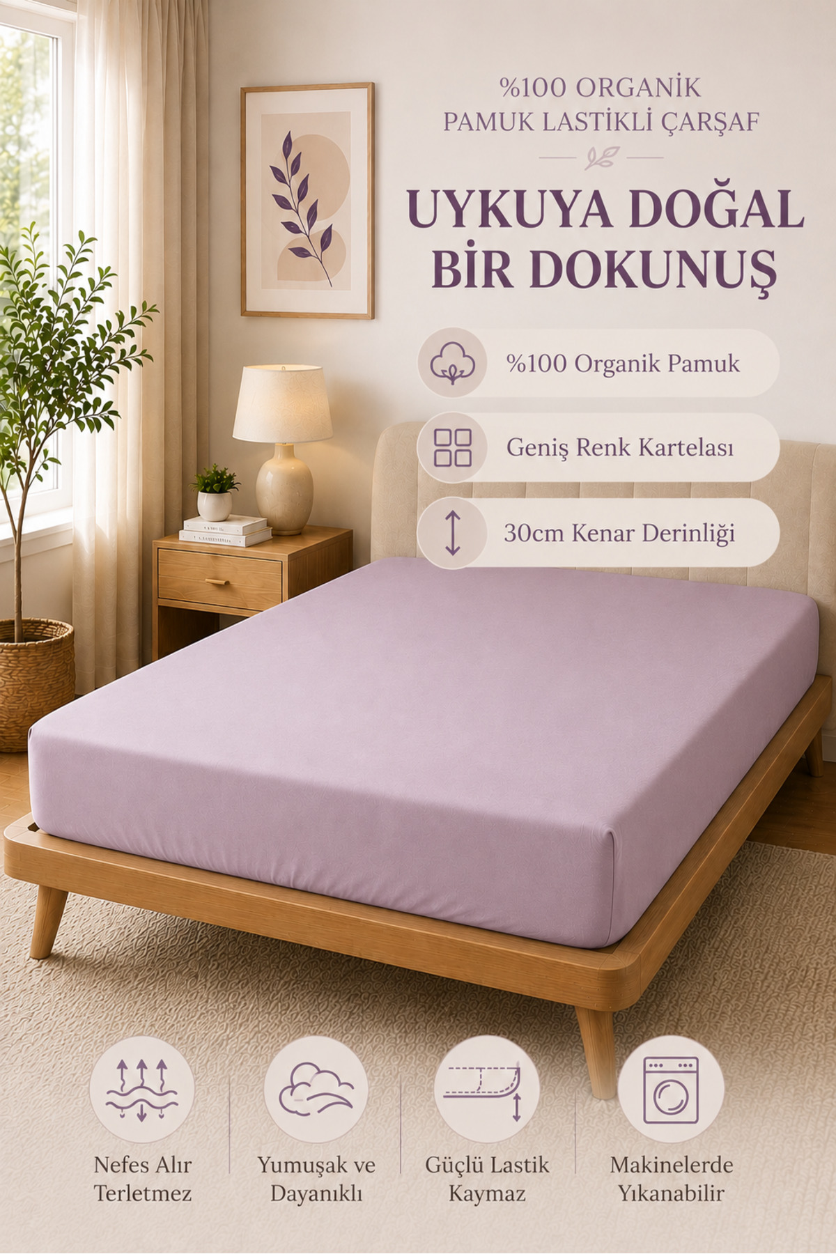 %100 Pamuk Lastikli Yatak Çarşafı Nefes Alan Terletmeyen Yumuşak Dokulu Düz Desenli Yatak Çarşafı - Açık Mor