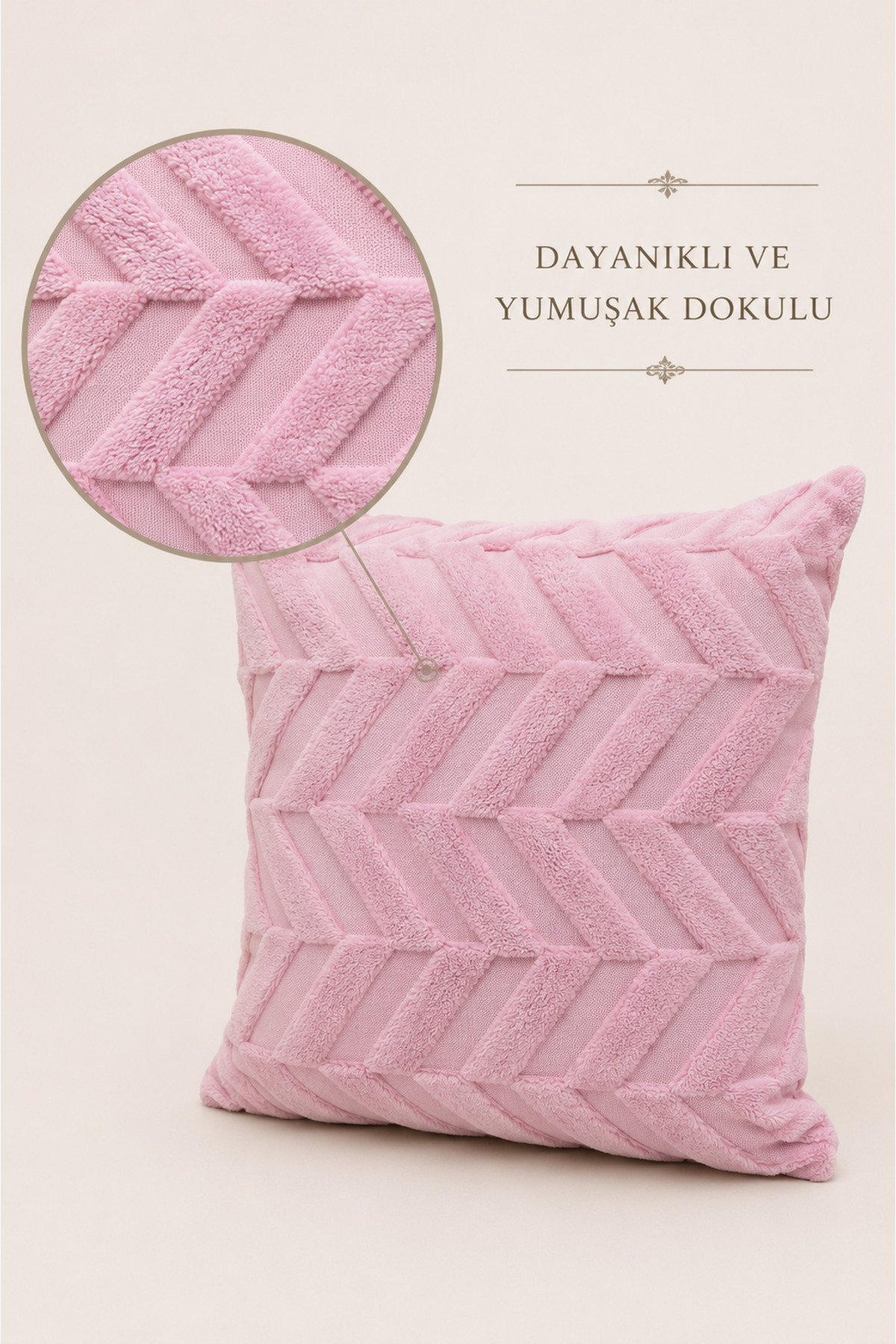 1'li Dalgalı Kırlent Kılıfı Yumuşak Dokulu Gizli Fermuarlı Dekoratif - Pudra Pembe