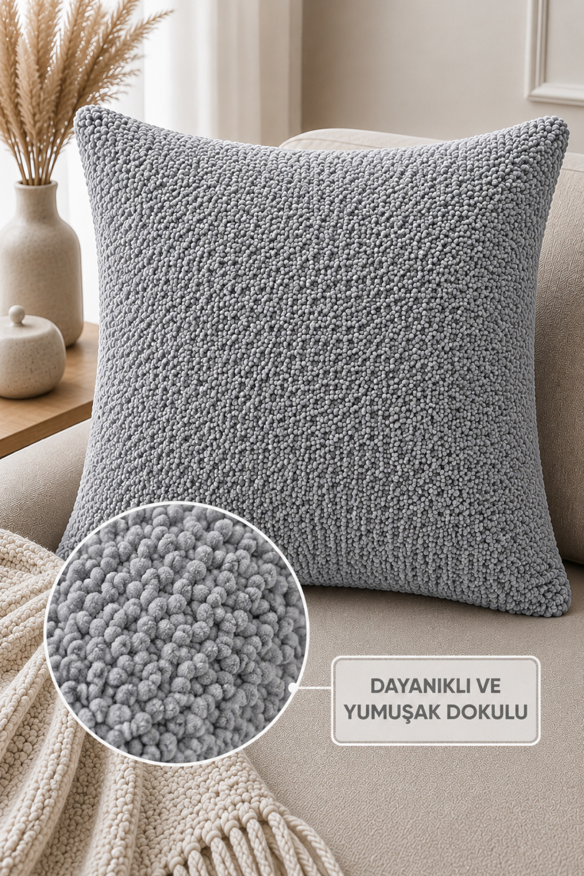 1'li Bohem Kırlent Kılıfı Yumuşak Dokulu Gizli Fermuarlı Dekoratif - Gri