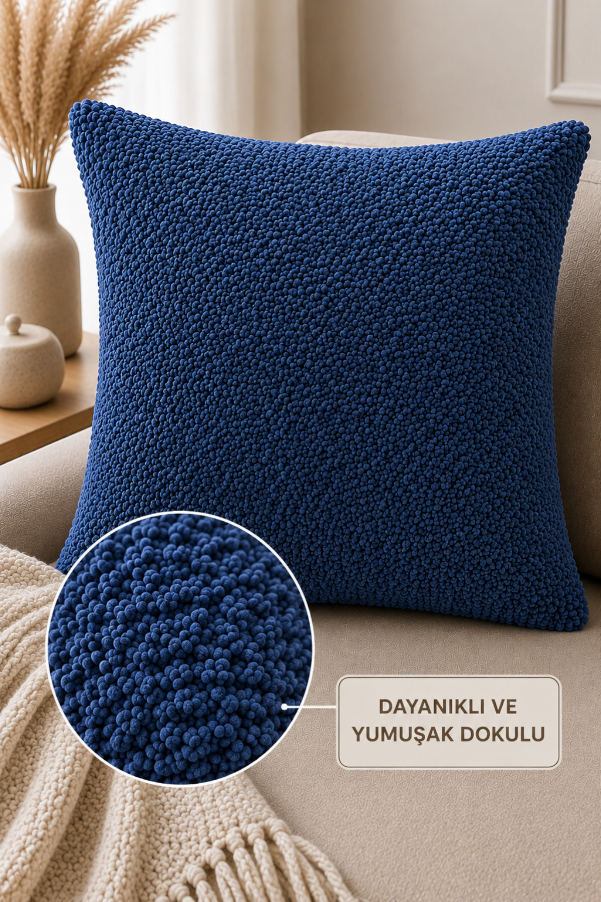 1'li Bohem Kırlent Kılıfı Yumuşak Dokulu Gizli Fermuarlı Dekoratif - Mavi