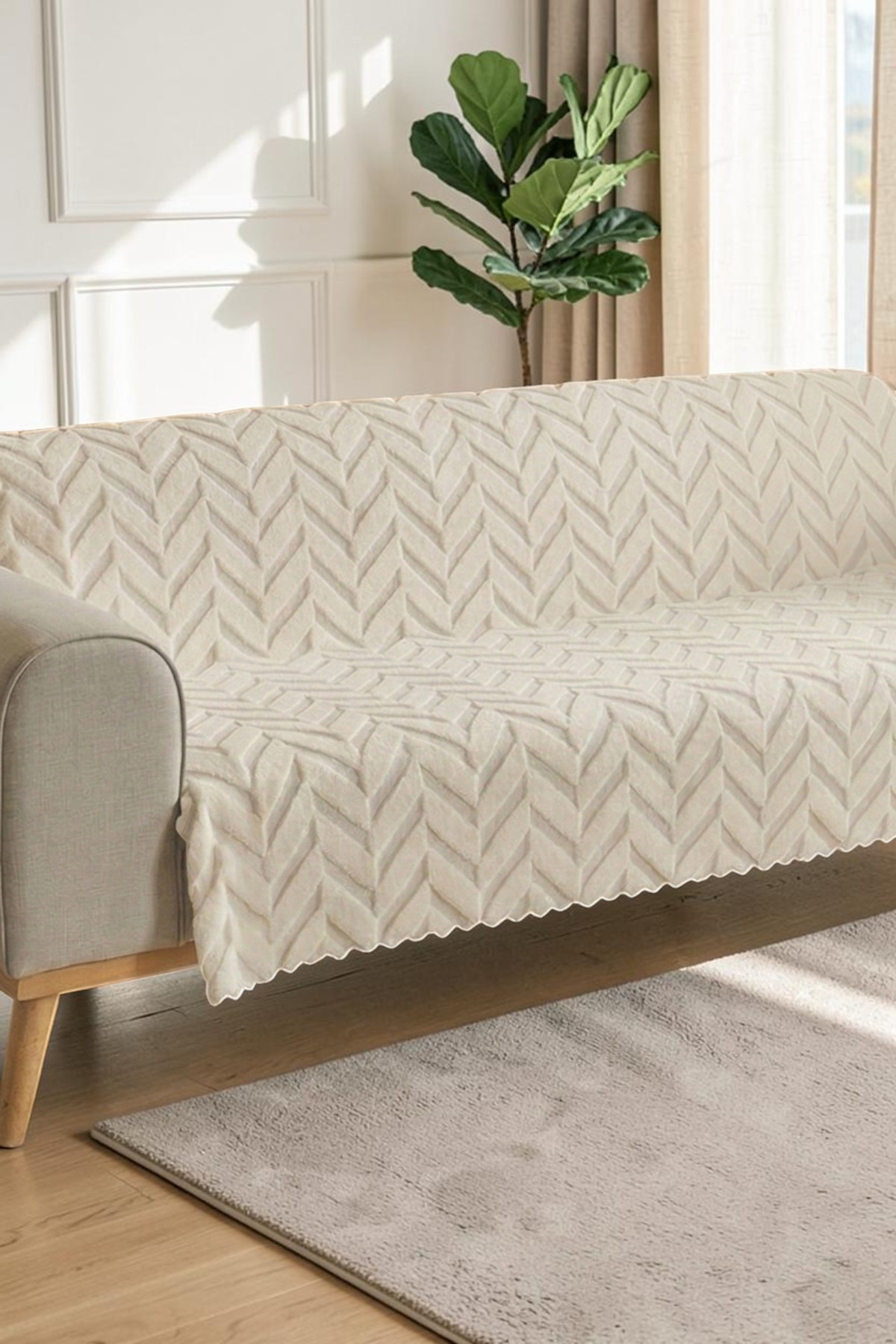 %100 Bambu Dalga Desenli Bambu Koltuk Örtüsü Kaymaz Tabanlı Leke Tutmaz Yıkanabilir - Beyaz