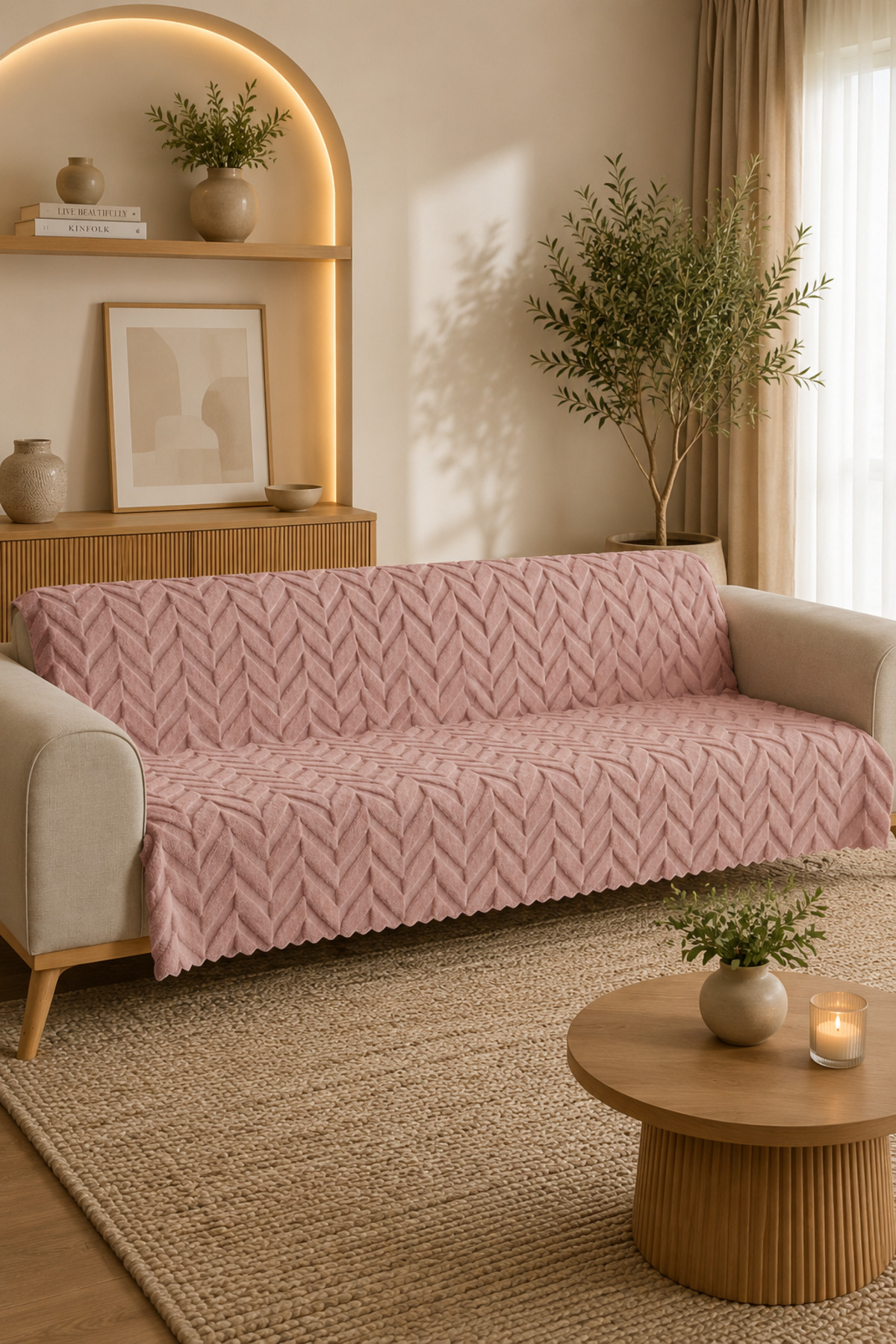 %100 Bambu Dalga Desenli Bambu Koltuk Örtüsü Kaymaz Tabanlı Leke Tutmaz Yıkanabilir - Pembe