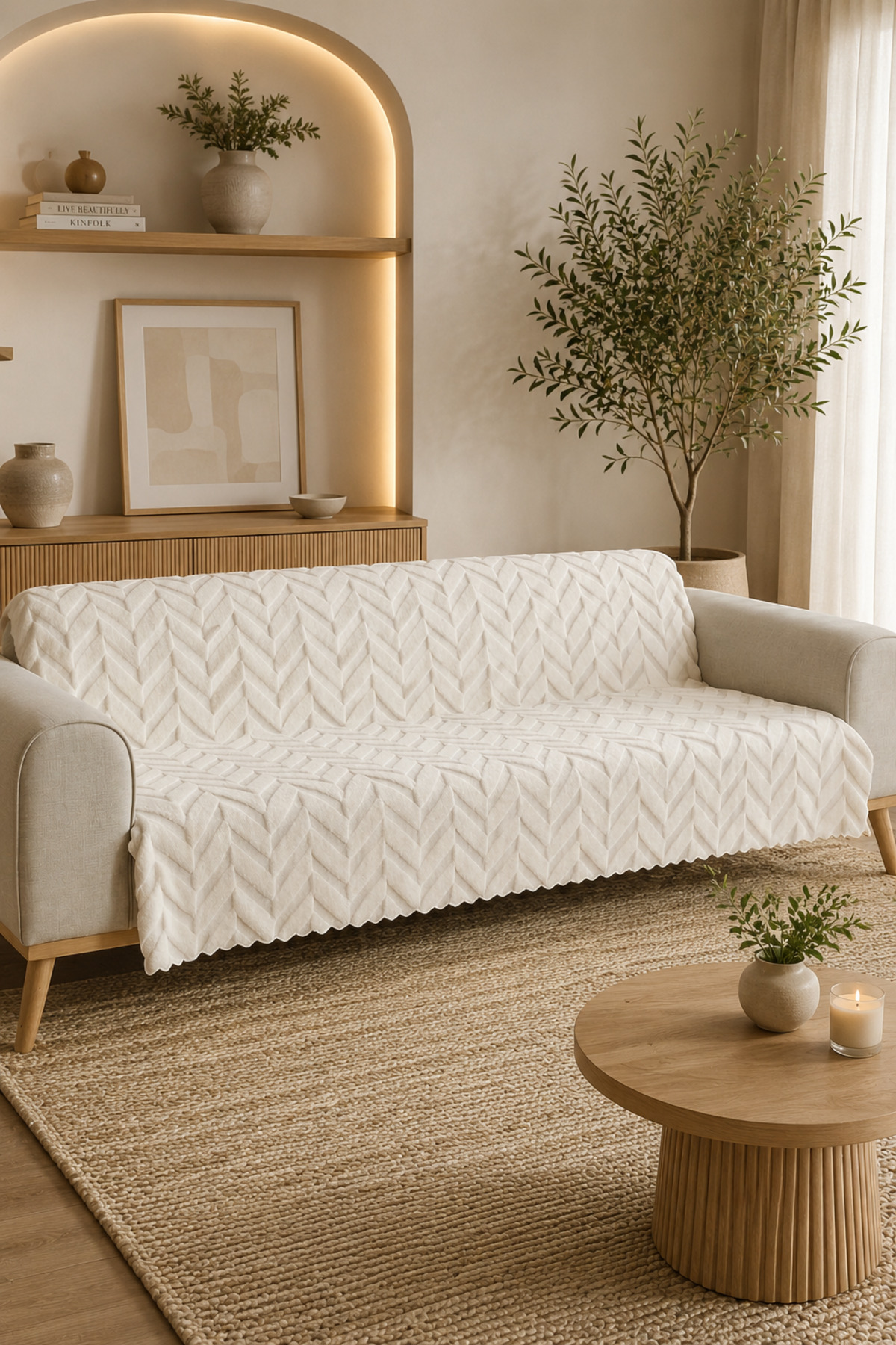 %100 Bambu Dalga Desenli Bambu Koltuk Örtüsü Kaymaz Tabanlı Leke Tutmaz Yıkanabilir - Beyaz