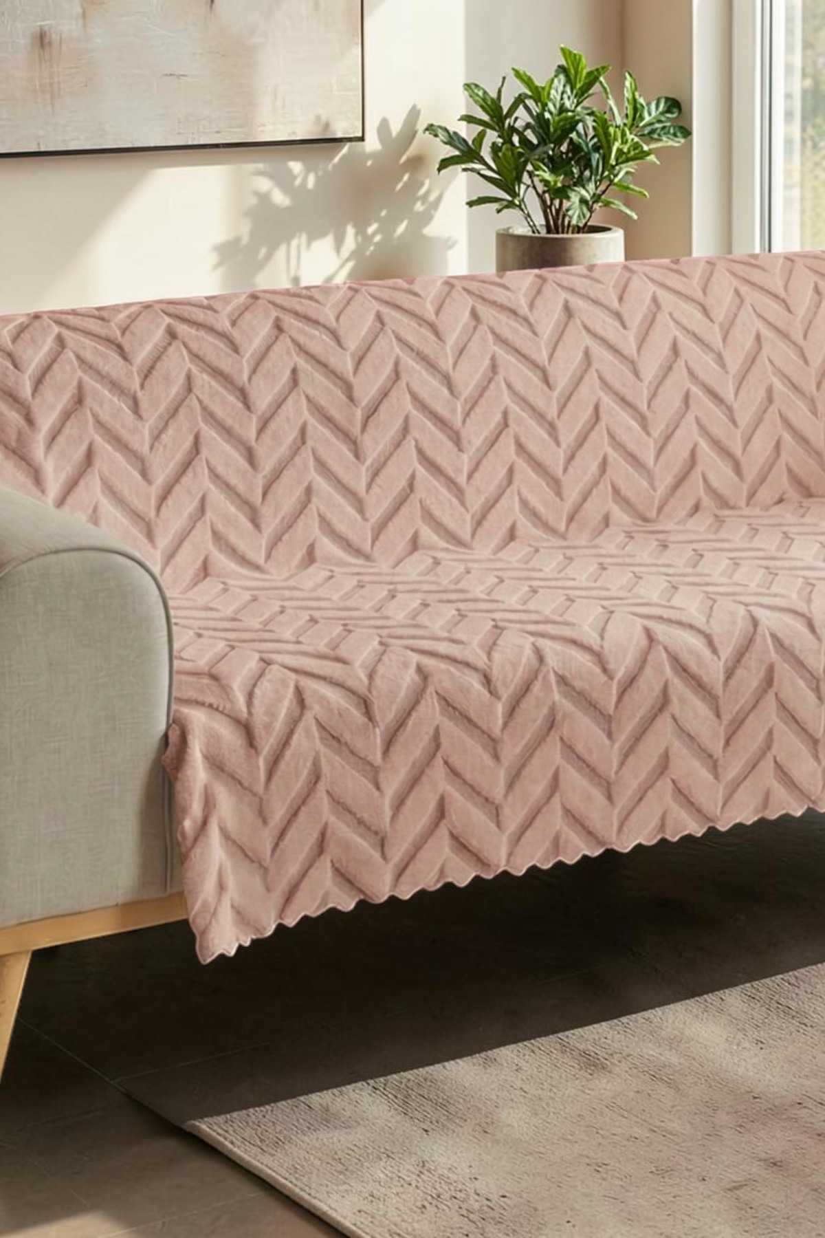 %100 Bambu Dalga Desenli Bambu Koltuk Örtüsü Kaymaz Tabanlı Leke Tutmaz Yıkanabilir - Pembe
