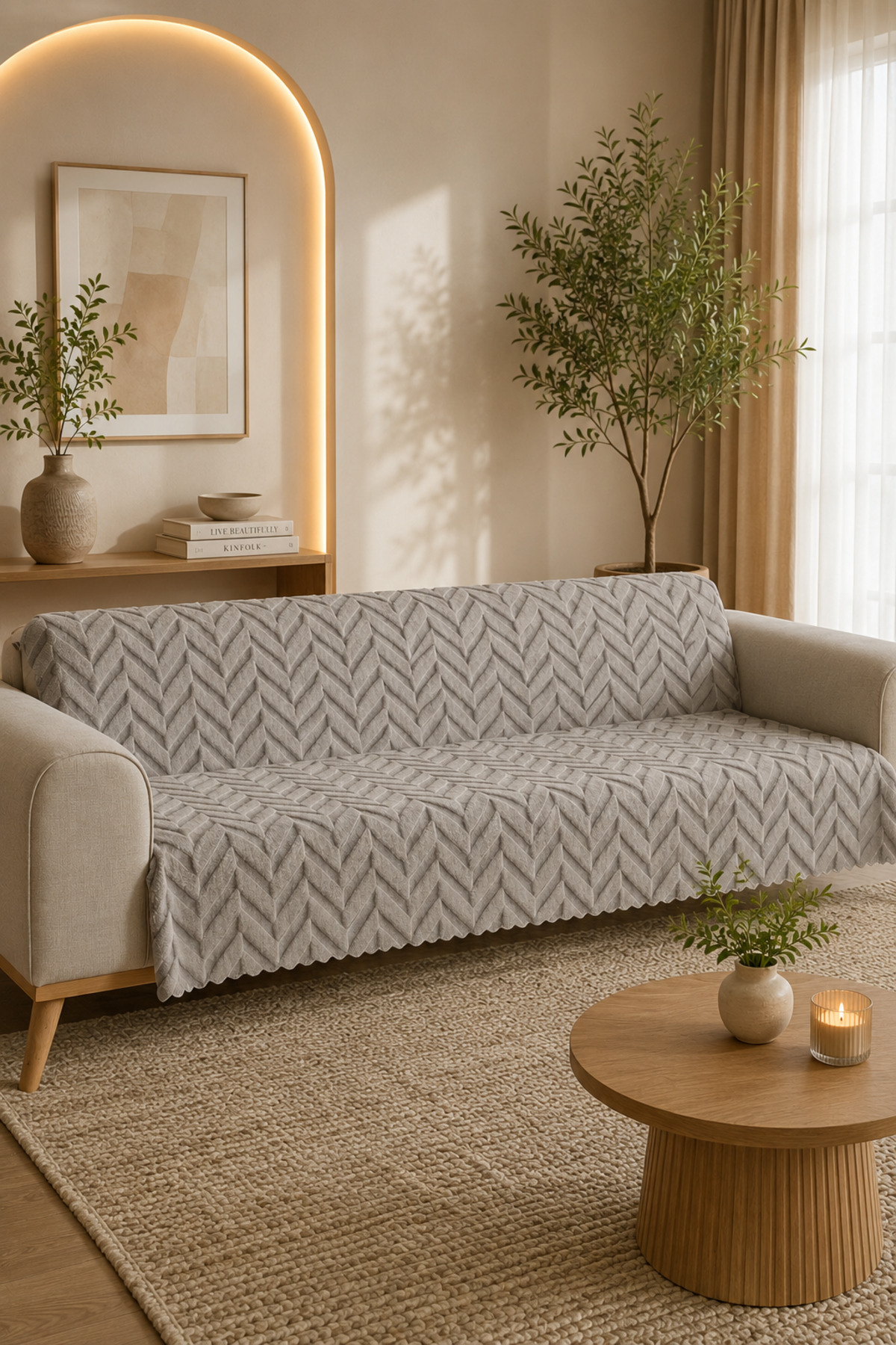 %100 Bambu Dalga Desenli Bambu Koltuk Örtüsü Kaymaz Tabanlı Leke Tutmaz Yıkanabilir - Gri