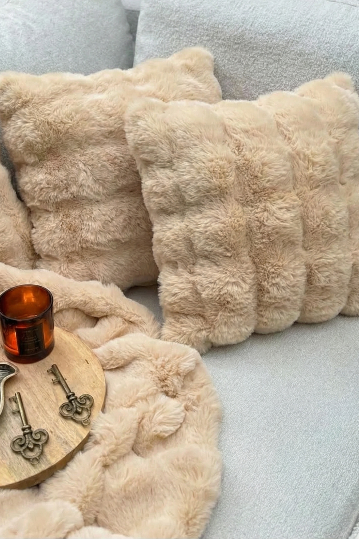 Bubble 2'li Kırlent Kılıfı Peluş Tavşan Tüyü Toz Alerjen Üretmeyen - Bej